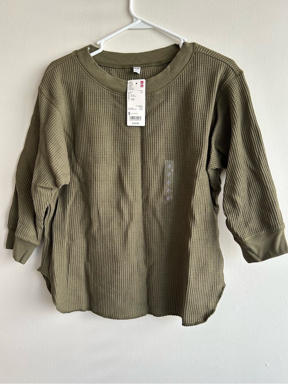 Uniqlo Waffle-Knit Olive Green Crew Neck 3/4 Sleeve Top - New With Tags